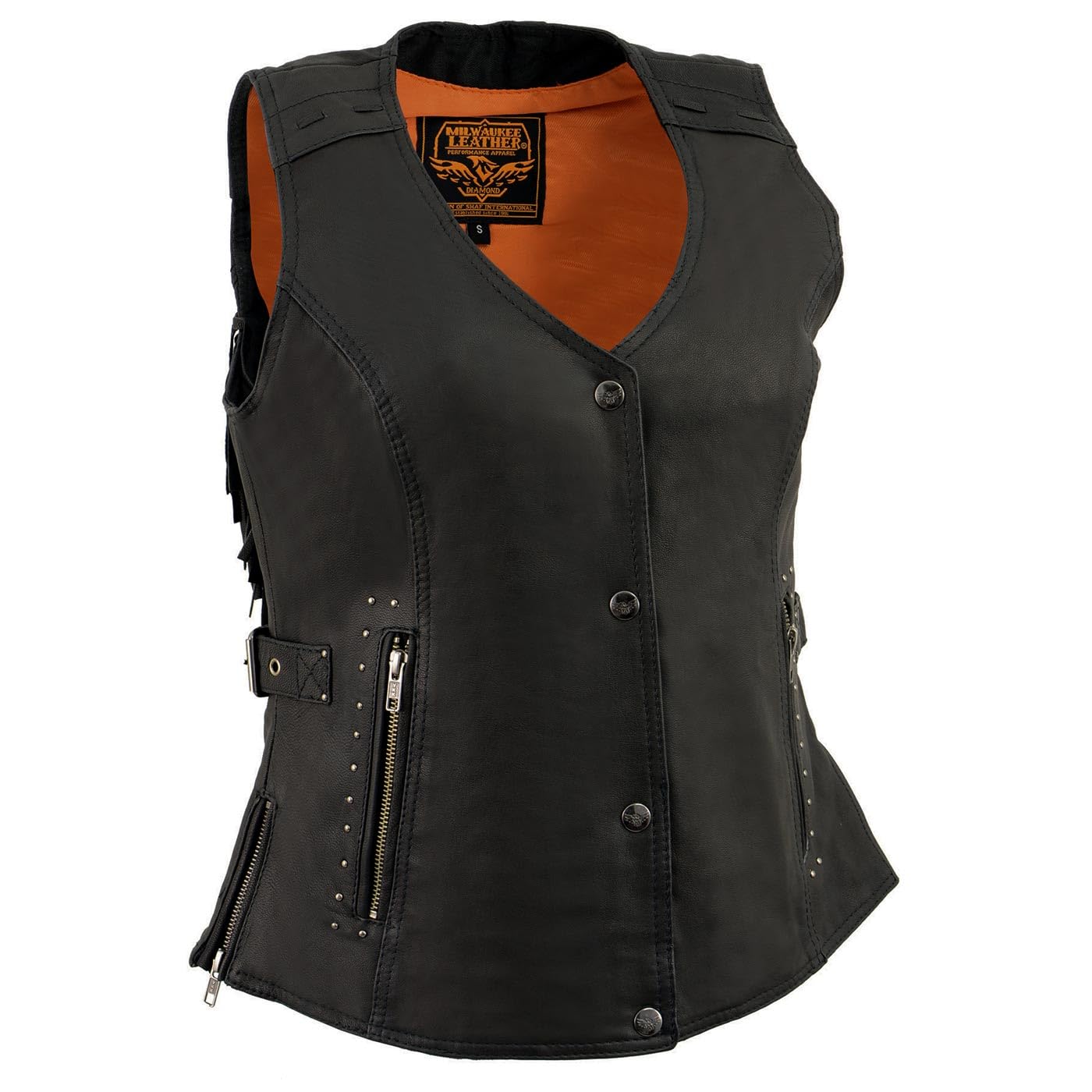 Milwaukee Leather MLL4565 Women's Black Fringed Leather Rivet Detail Side Buckle and Zipper Motorcycle Rider Vest - 3X-Large