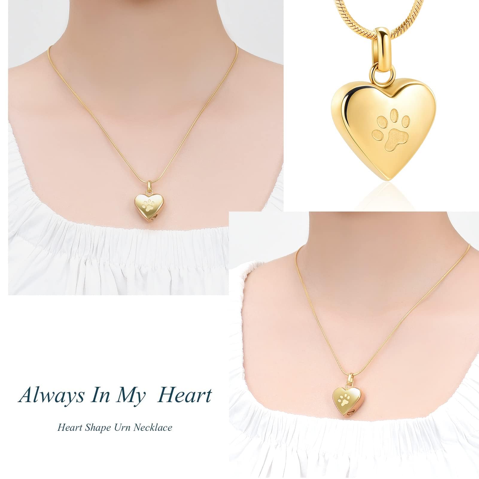 Pet Cremation Jewelry - Paw Print & Heart Urn Pendant Necklace Memorial Keepsake for Dog's & Cat's Ashes, Gold, 0.78 inch by 0.78 inch - Image 3