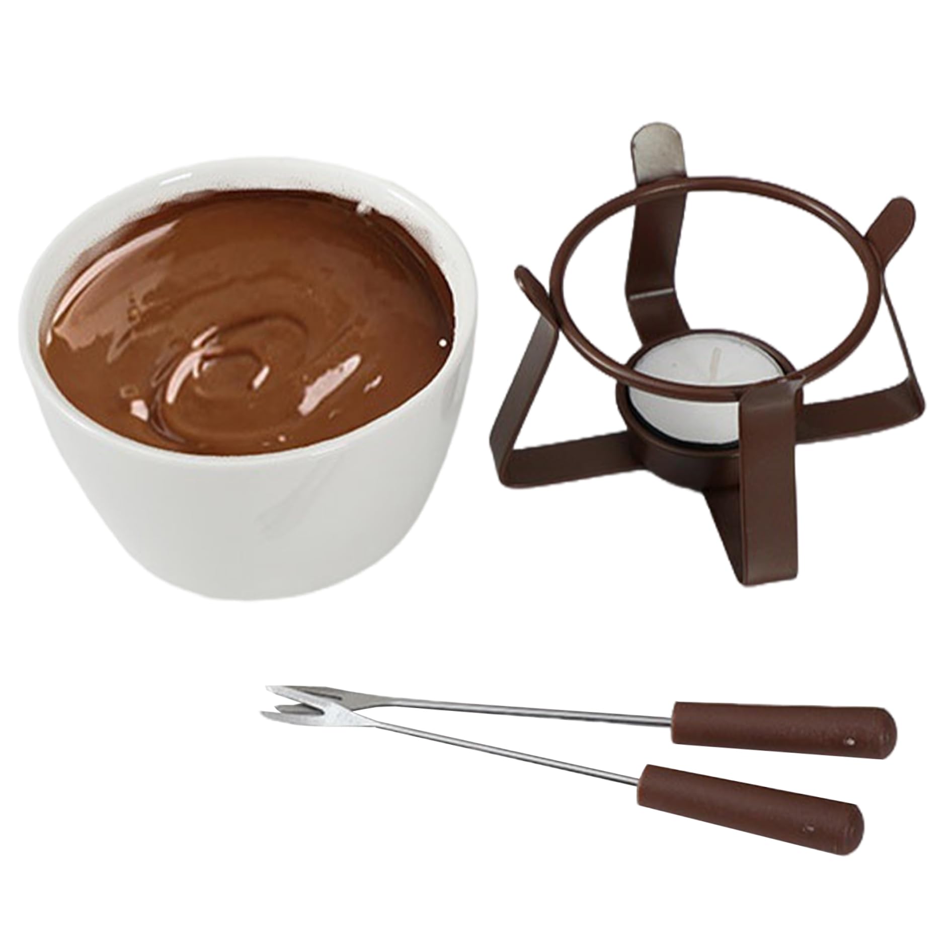Taza de Fondue de Chocolate Taza de Fondue de cerámica con 2 Tenedores y Soporte de Hierro, Reutilizable para derretir Chocolate para Queso o (Vela no incluida)