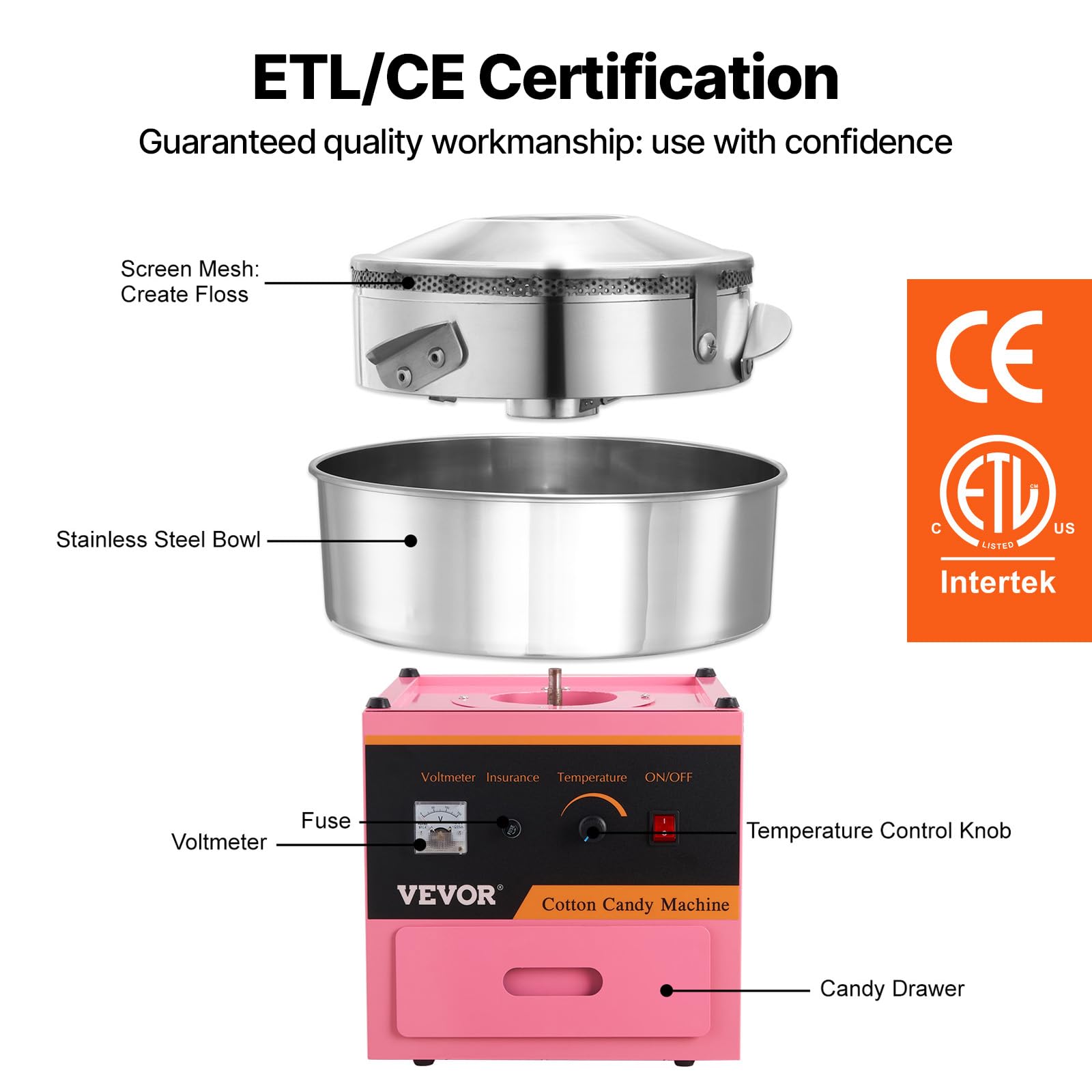 VEVOR Machine à Barbe à Papa Professionnelle 1000 W Appareil à Barbe à Papa Commercial 6 PCs/min Grand Bol en Inox Alimentaire Température 95,8-233,3 °C pour Faire Bonbons Fête Anniversaire