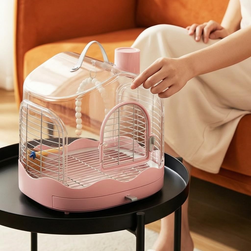 Gabbia Portatile per Uccelli Trasportino Voliera Trasporto Sicuro Design Leggero Compatto Sportello con Blocco Vassoio, Rosa, Gabbia per uccelli 986 - Rosa