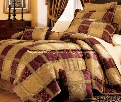 11-Piece Burgundy Jewel Patchwork Comforter Set w/Curtains King