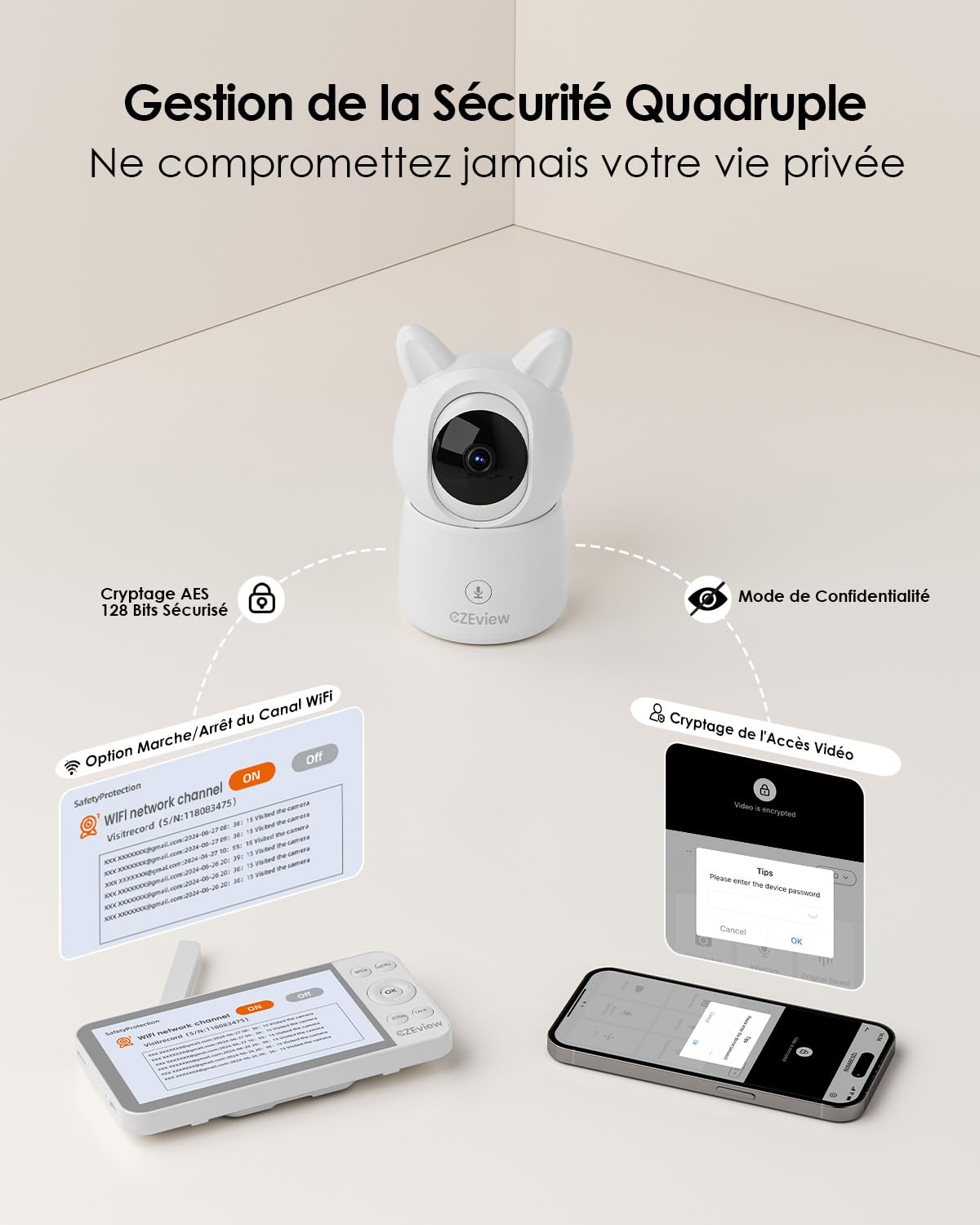 CZEview Babyphone Caméra 2.5K & Ultra Grand Moniteur HD 5,5", Qualité d'image au Top, 360°, APP, Veilleuse & Musique, Vision Nocturne, Caméra Bébé (Blanc (1 pièce)) | écran super clair, vision nocturne, audio bidirectionnel, berceuses, capteur temp., 360°