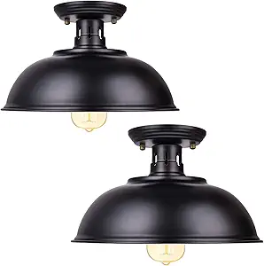 Vintage Rustic Semi Flush Mount Ceiling Light, Farmhouse Black Ceiling Light Fixture E26 Base, Industrial Ceiling Lights for Hallway Stairway Foyer Kitchen Porch Entryway (2 Pack)