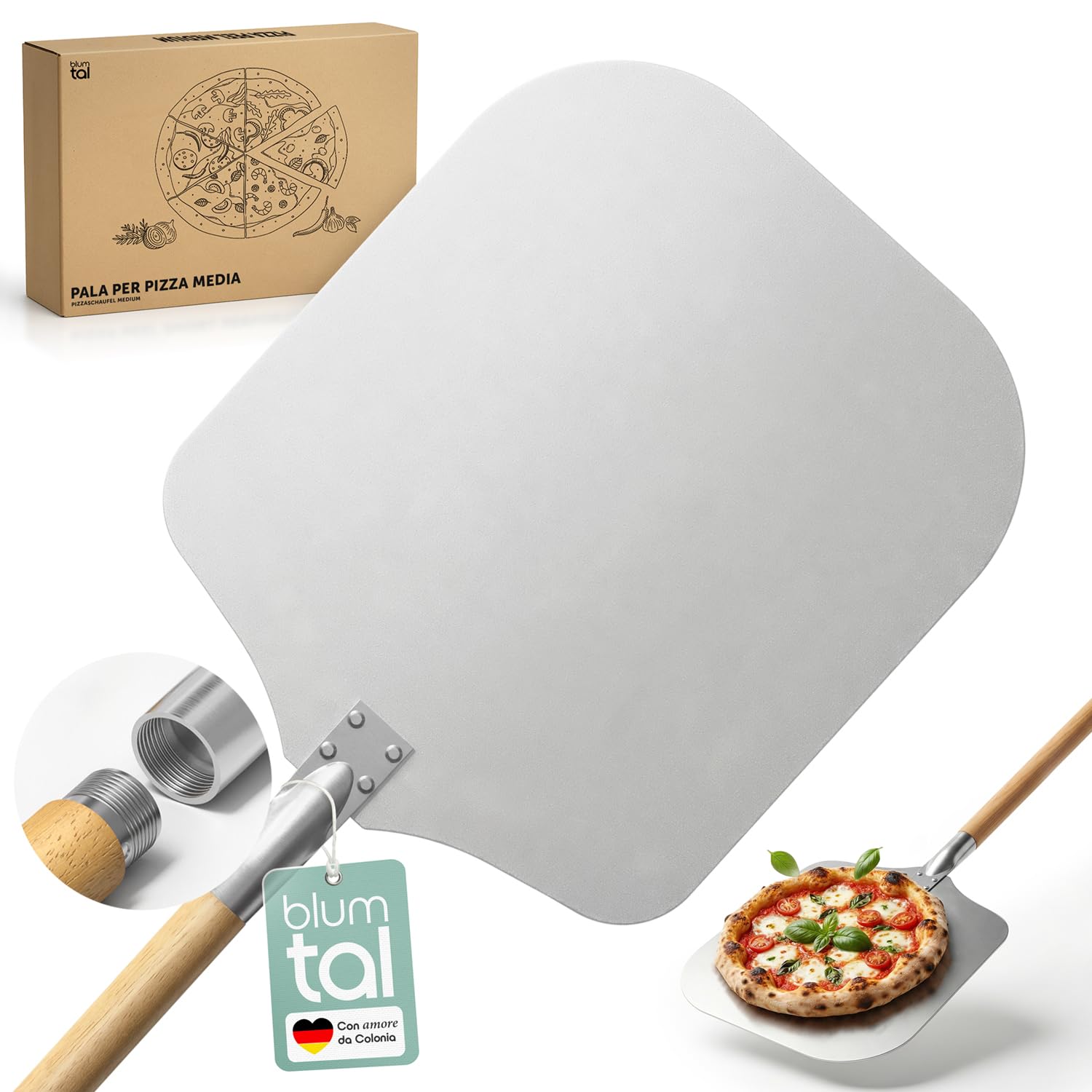 Blumtal Pala per Pizza Professionale - Pala Pizza - Paletta per Pizza - con Ampia Superficie in Alluminio 30,5cm x 30,5cm - Manico Rimovibile in legno lungo 85cm