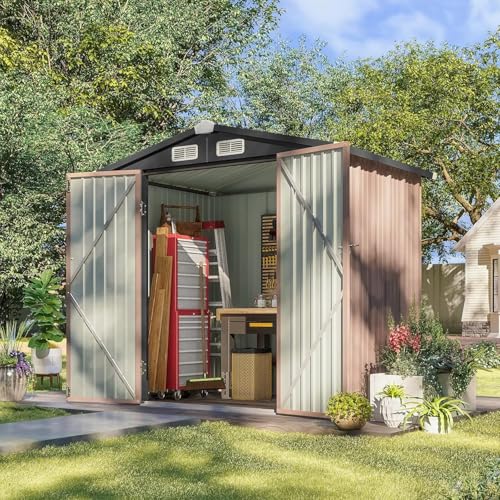 Aoxun Cobertizo de jardín de 6 x 4 pies, cobertizos y almacenamiento al aire libre, cobertizo de metal para herramientas de bicicleta con puertas con cerradura y bucle para piscina, patio trasero