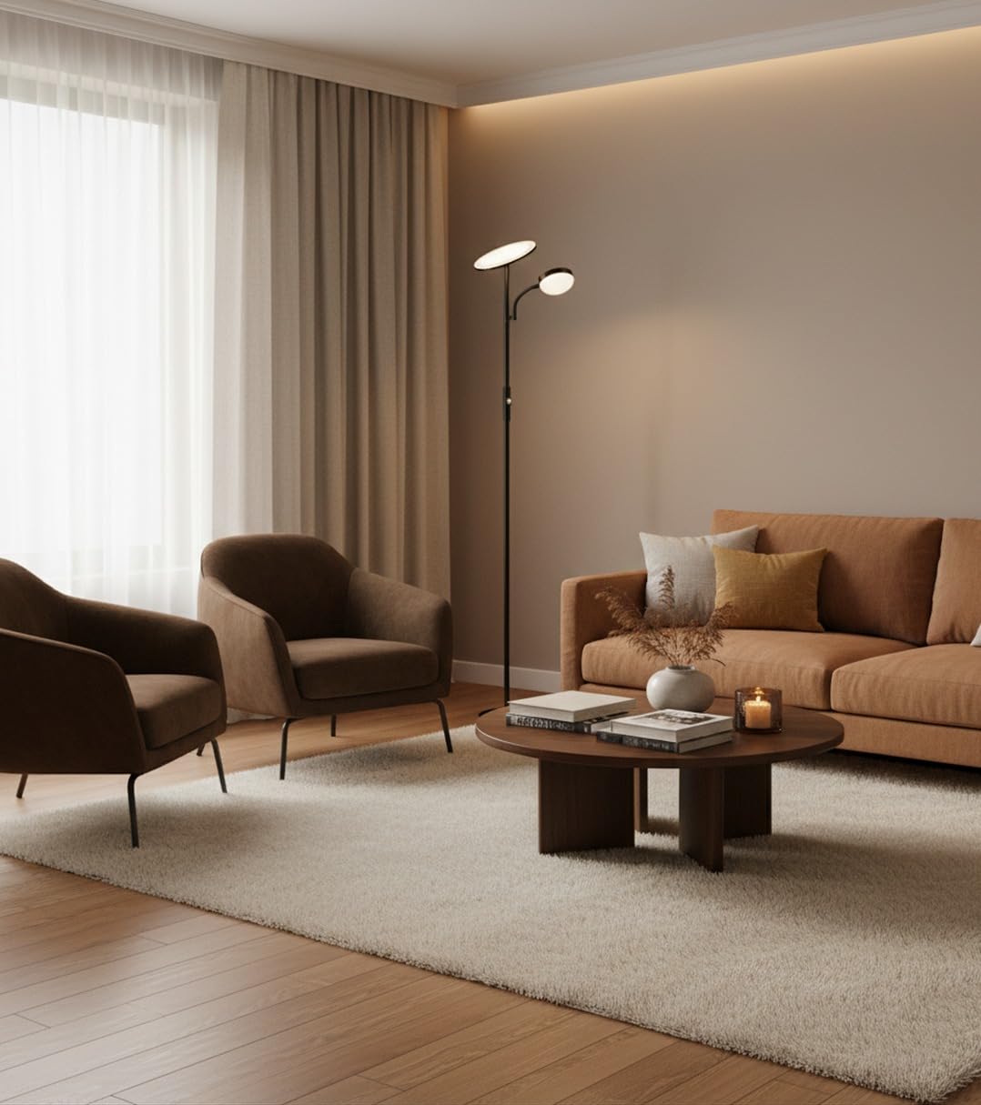 BEL AIR HOME - Lámpara de Pie de Salón Led 15W+10W con Dimmer Lagos 4000K - Diseño Moderno en Metal Negro - Protección Ocular - Altura de 174cm - Ideal para Iluminación de Ambientes y Lectura