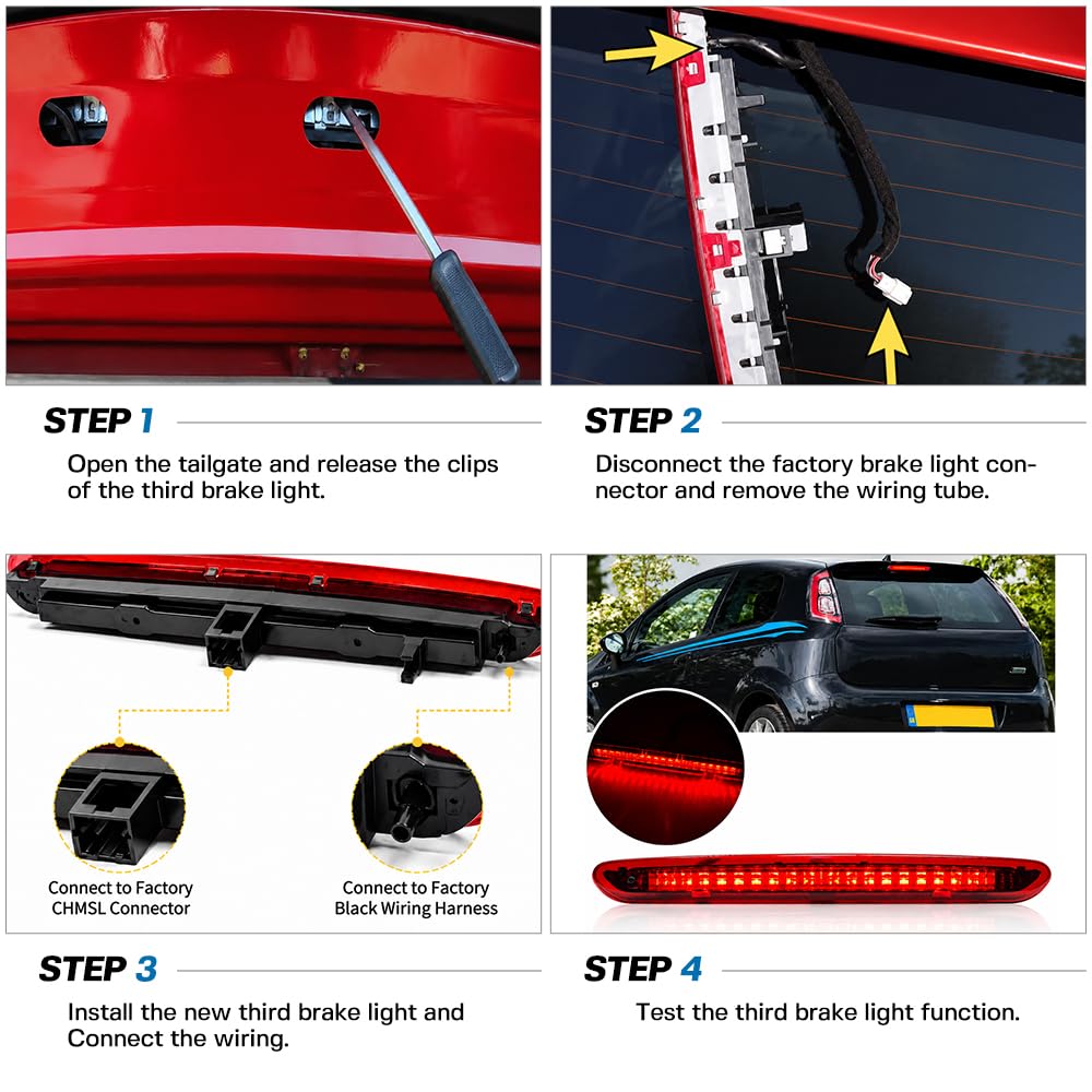 Troisième feu stop LED rouge pour lave-glace arrière compatible avec Fiat Punto Grande Ab.arth Evo OEM 2122000407