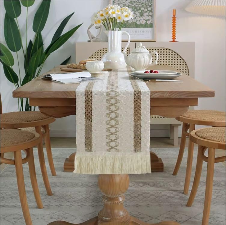 Image of HomeCloud Croshia Woven Table placemat - Heat Resistant, Washable Table Decoration for Dining, Office, Kitchen, Hotel, and Home (Runner White Beige, Set of 2)