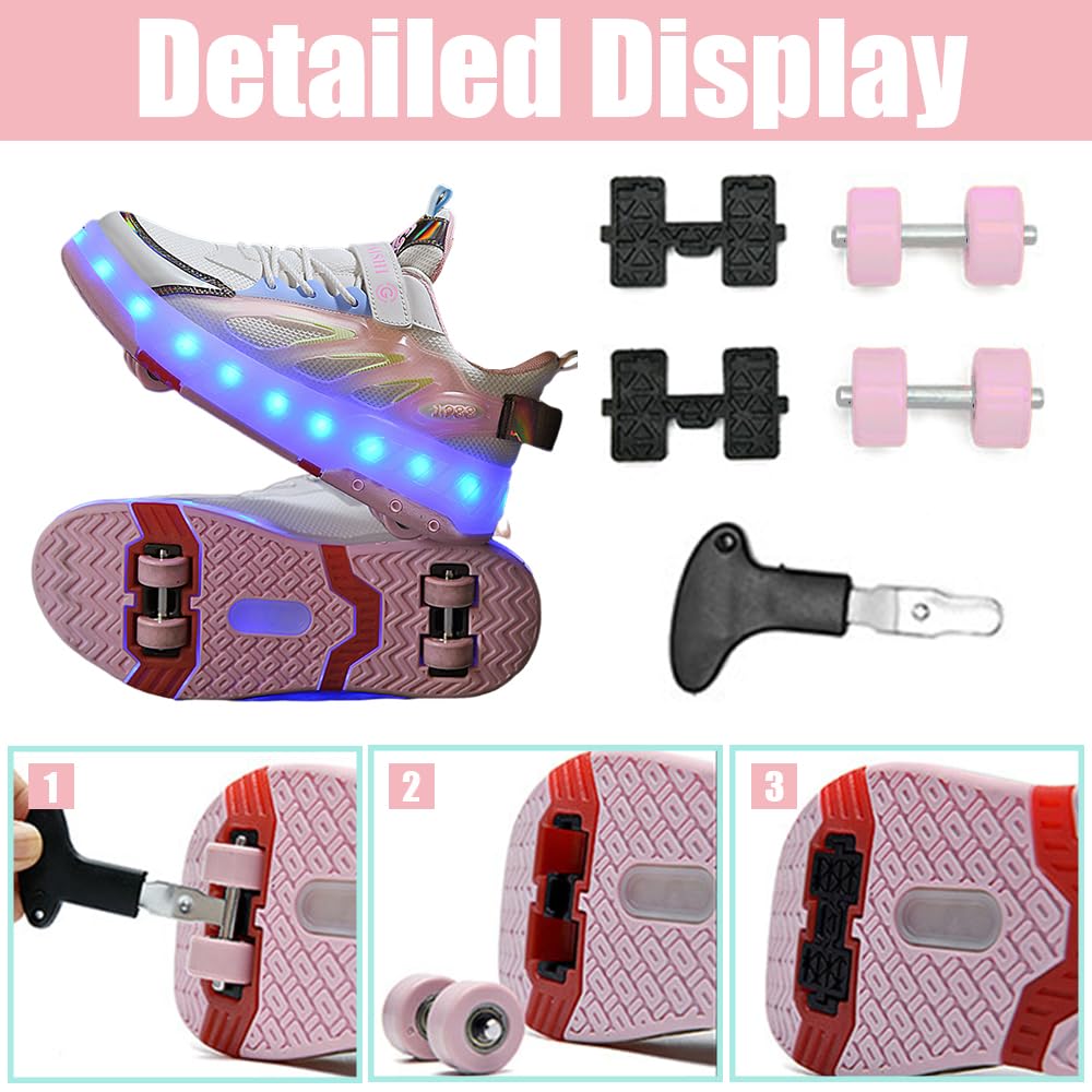 Hixingo Zapatillas con Ruedas Niña Niño, Zapatos con Dos Ruedas para Niñas con LED 2 en 1 Zapatillas Patines Zapatillas Ruedas Niño, Zapatos Patines Calzado de Skateboarding Multifuncionales