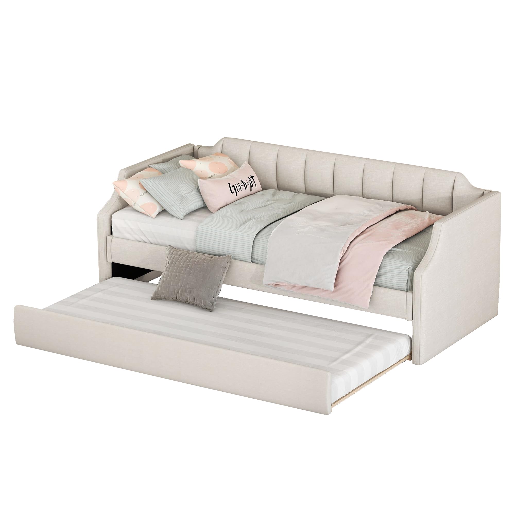 Azkoeesy Letto imbottito 90 x 200 cm, divano letto con secondo letto estraibile, con rete a doghe, lettino per bambini, max 120 kg, rivestimento in lino (beige), WX602