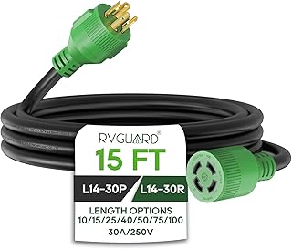RVGUARD 4 Prong 30 Amp 15 Feet Generator Extension Cord, NEMA L14-30P/L14-30R, 125/250V Up to 7500W 10 Gauge SJTW Generator Cord with Cord Organizer, ETL Listed