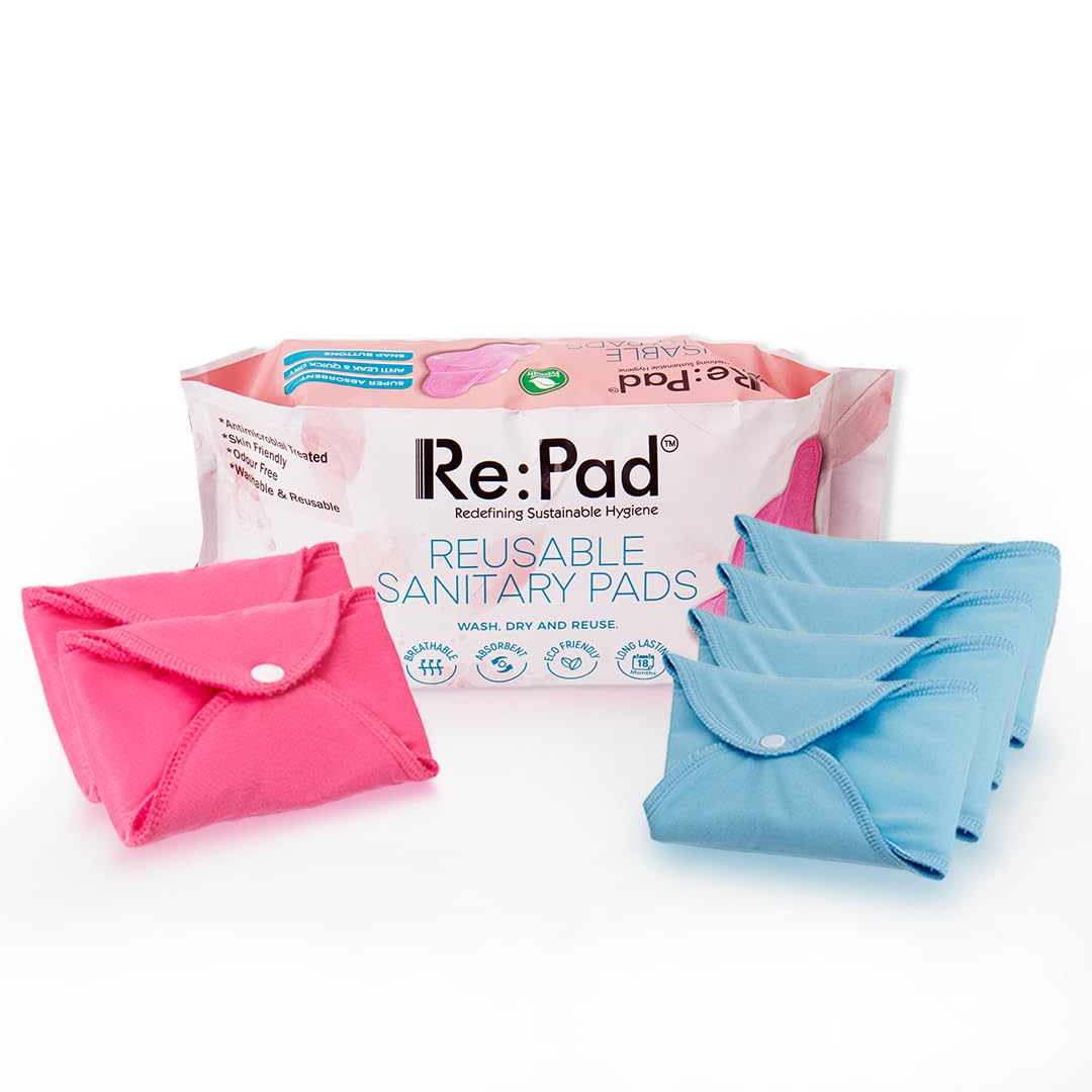 Re:Pad Reusable Sanitary Pads for women, | (2 moderate flow (Pink) + 4 heavy flow (Blue) + 1 Leak Proof Sanitary Pad Pouch) | Lasts Up To 1 .5 Years | Highly Absorbent & Skin Friendly for women (B08WHDL4PN) Amazon Price History, Amazon Price Tracker