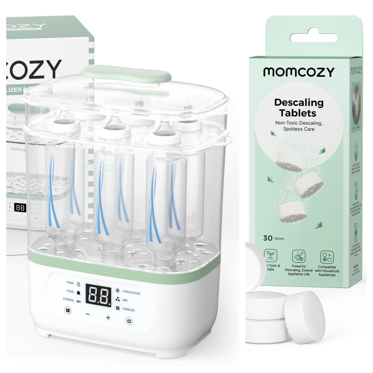 Momcozy Elektrischer Dampfsterilisator für Babyflaschen – 3-in-1 Sterilisiert & Entkalkungstab für Babyproduct wie Milchpumpem, Flaschenwärmer, Bottle washer, Sterilisator für Babyflaschen