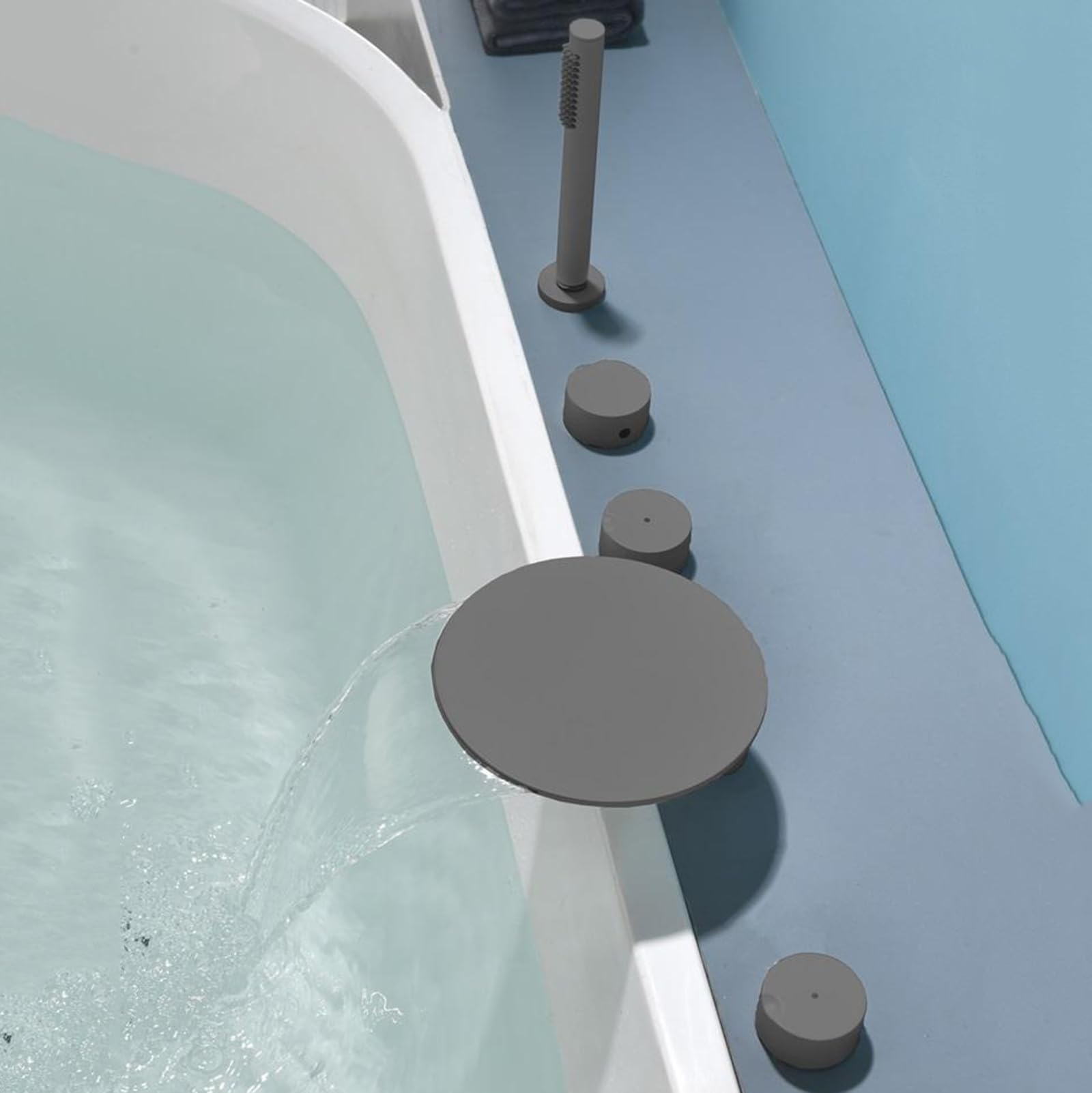 Robinet mitigeur de baignoire cascade gris à 5 trous avec douchette extractible G1/2
