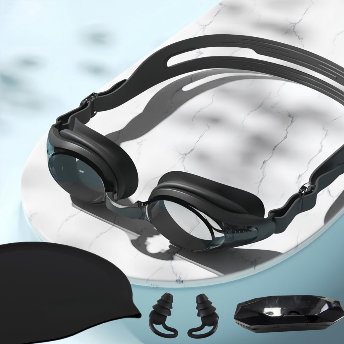 Vyloky 0-8.0D Swimming Goggles with Prescription and Anti-Fog; Pressure-Free, Adjustable, Clear Vision for Adults, Nose Clip Earplugs (Black/White) (Black + Swimming Cap, -3.5 D)