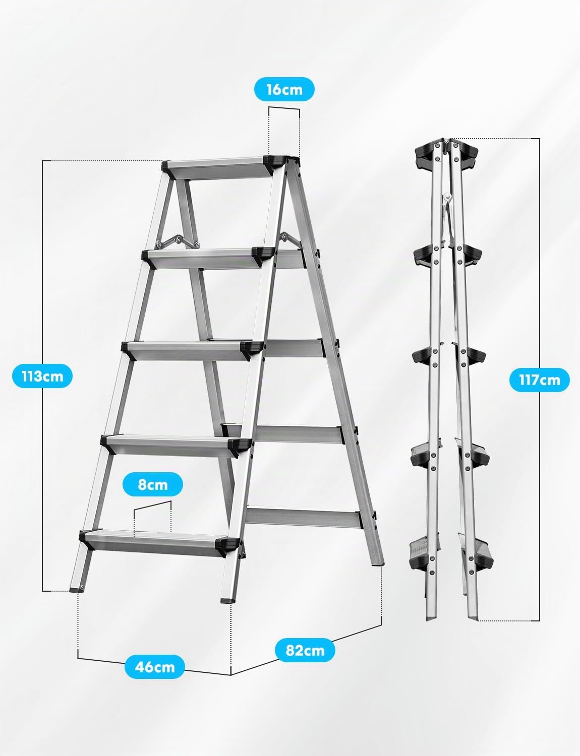 Miscoos Escalera de Aluminio de 5 Peldaños - Pequeña y Doméstica para Cocina, Antideslizante y Estable, Capacidad de Carga hasta 150 kg