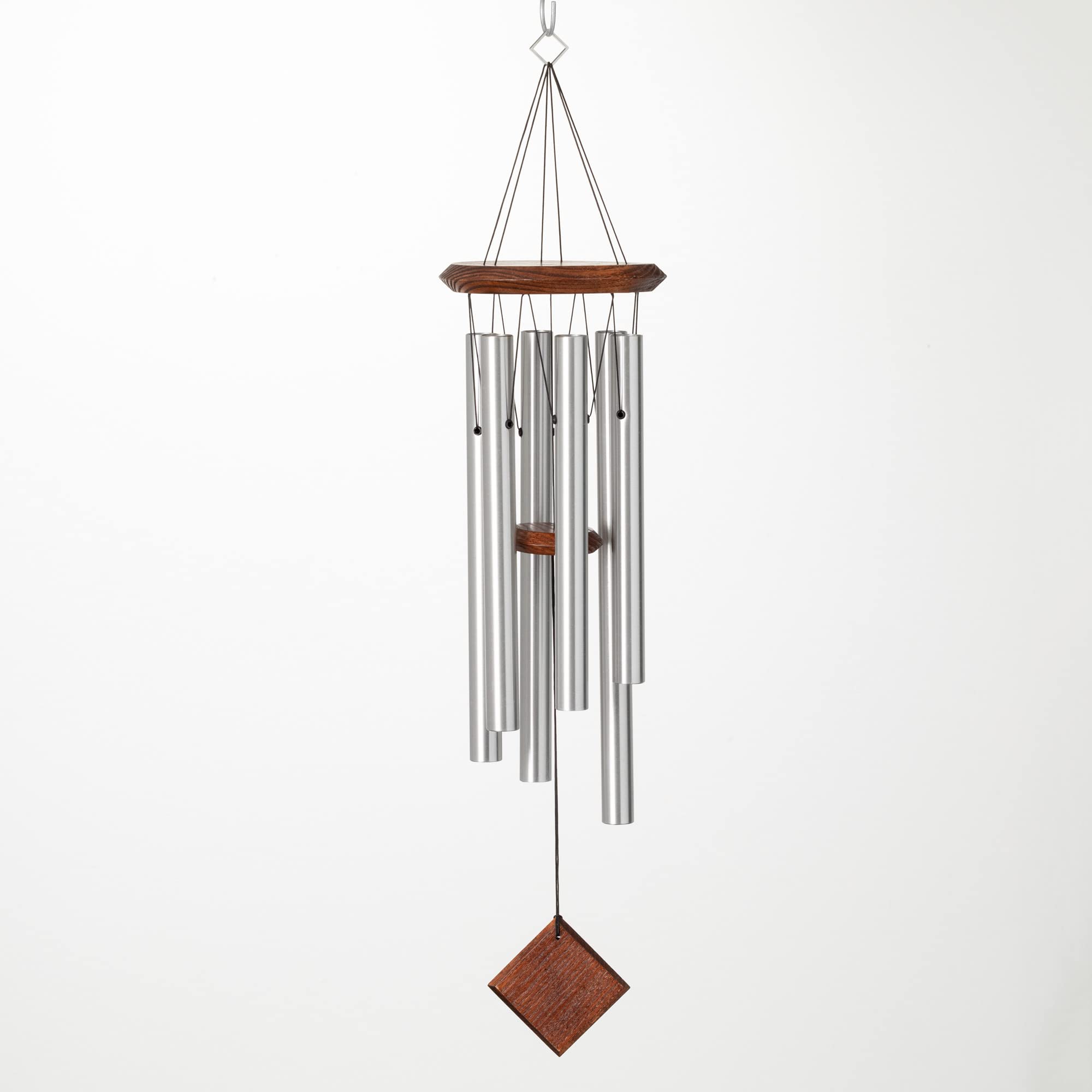 Woodstock Wind Chimes for Outside, Garden Decor, Outdoor & Patio Decor (27") Wind Chime, Wind Chimes, Spring Decor, Memorial Wind Chime, Silver and Teakwood