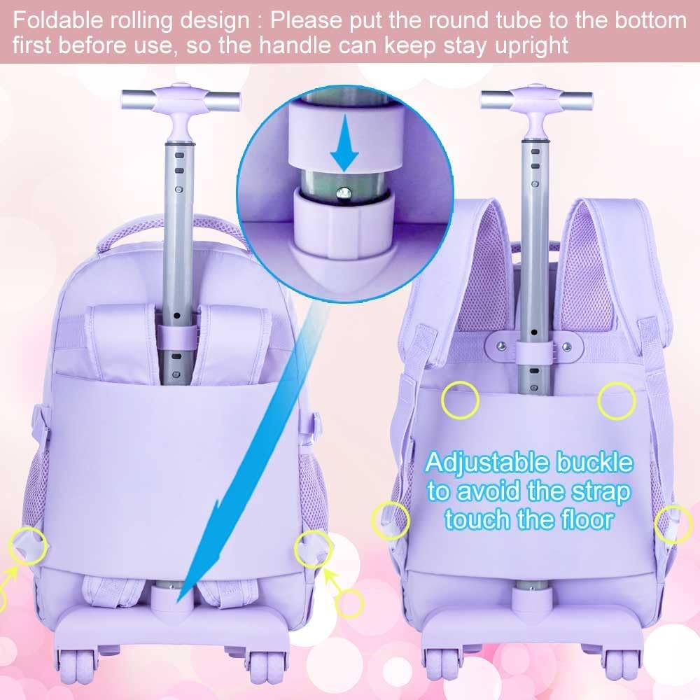 3PCS Girls Rolling Backpack, Women Roller Bookbag with Lunch Box for Adults, Water Resistant Wheeled School Bag for College Teens Kids Travel - Purple