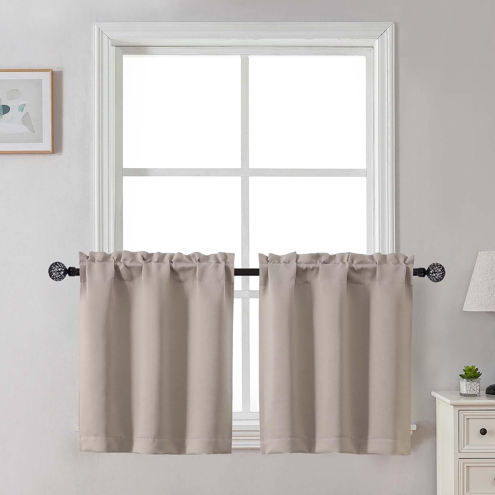 Gwine 24 Inch Long Tier Curtains for Small Window, Short Blackout Kitchen Curtains Over Sink, Half Window Drapes for Bedroom Bathroom Basement, 2 PCS, Each 30" Wx24 L, Stone