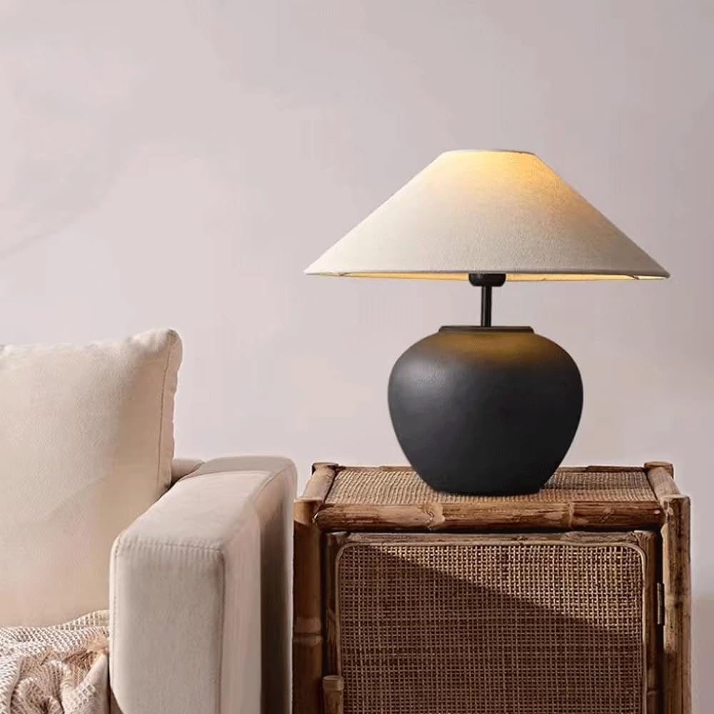 SANBDDLYY Ceramic Table Lamp - Minimalist Decorative Bedside Lighting Beige Linen Drum Shade for Bedroom and Living Room