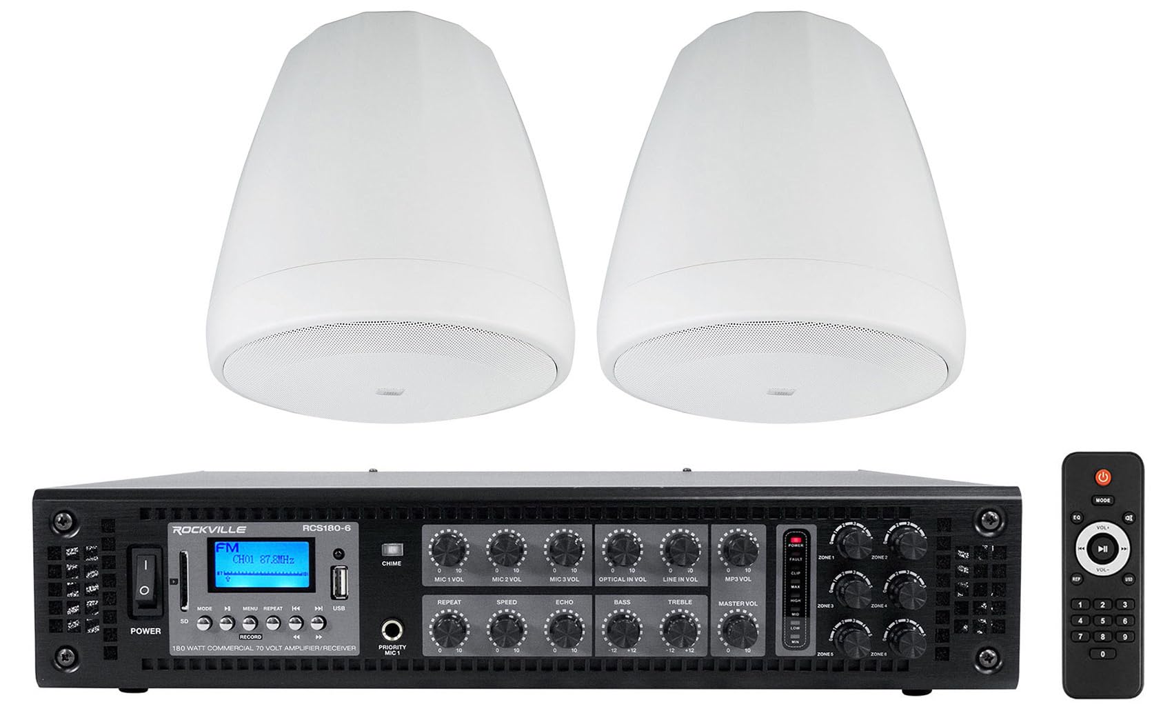 Rockville Bundle: (1) RCS180-6 180 Watt 6 Zone 70v Commercial/Restaurant Amplifier/Bluetooth Bundle with (2) JBL Control 64P/T-WH 4