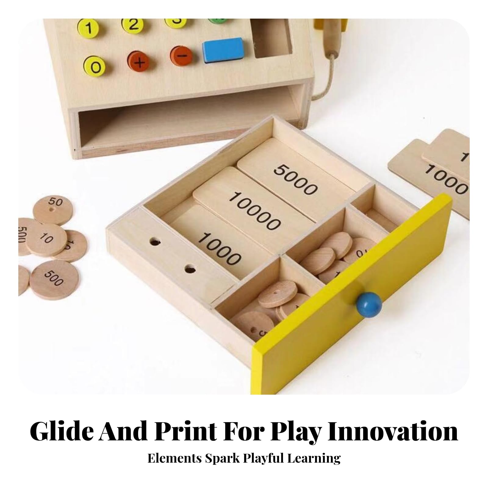 Registratore di Cassa Giocattolo in Legno Gioco Imitativo Soldi Finti per Bambini, Apprendimento Precoce