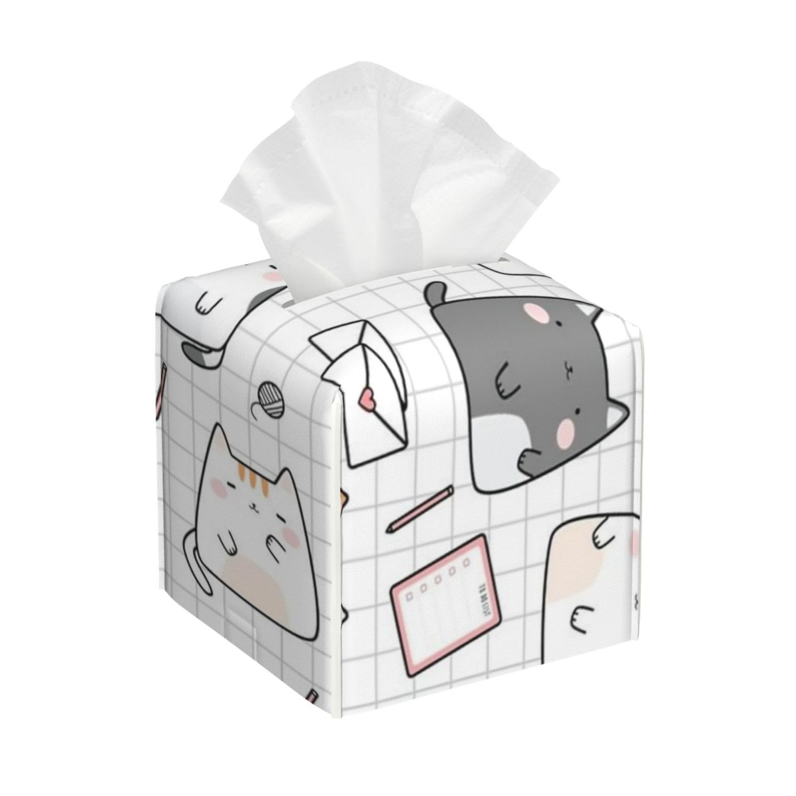 Cats Stationary Pattern Tissue Box Cover 5" Square Leather Tissue Holder Facial Tissue Case for Tabletop Bedroom Bathroom Desk Decor