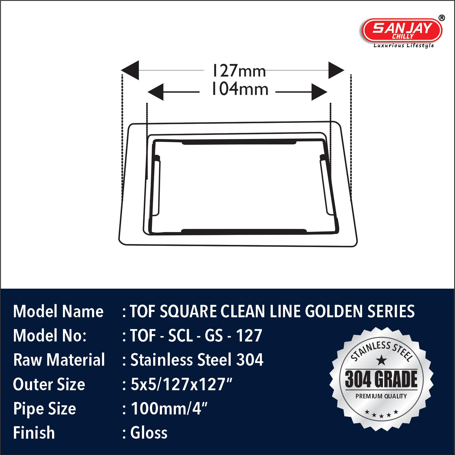 Sanjay Chilly Floor Drain for Bathroom Clean Line Golden Series Floor Drain Strainer Cover Jali 304 Grade Stainless Steel Kitchen Bathroom Gratings Safety from Cockroach & Insects Square (5x5 Inch) 1