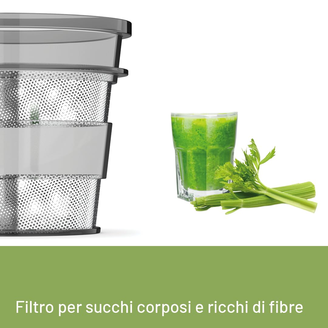 Imetec Succovivo Pro 2000, Estrattore di Succo, Spremitura a Freddo 48 Giri/Min, 100% Vitamine, Filtro per Succhi, Filtro Succhi con Fibre, Cestello per Sorbetti, Ricettario
