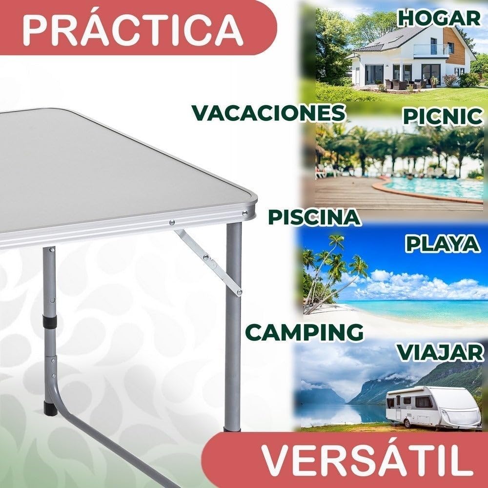 Mesa plegable camping y playa 120x60x70 cm, atura regulable 50-60-70 cm, mesa picnic portátil con asa transporte, patas plegables acero, tablero MDF aspecto madera nogal, gris, antivuelco y compacta.