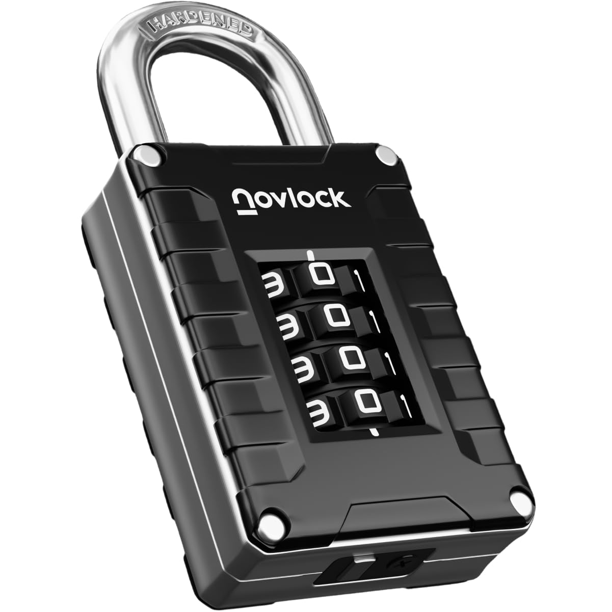 NOVLOCK Locker Padlock with 4-Digit Code for Gym, School, Home, Work – Sturdy Combination Lock with Hardened Steel Shackle – 1-Pack, Black/Silver