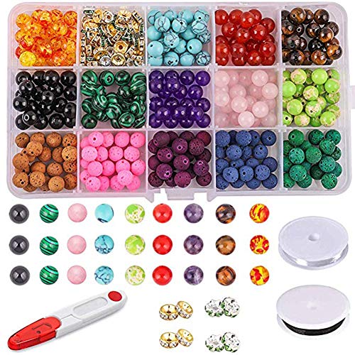 Candygirl 333 pièces Bricolage Perles Accessoires Ensemble 8mm Perle de Pierre Kits Perles de Chakra Pierre Volcanique avec Boîte de Rangement pour Bricolage Fabrication de Bijoux Bracelets Colliers