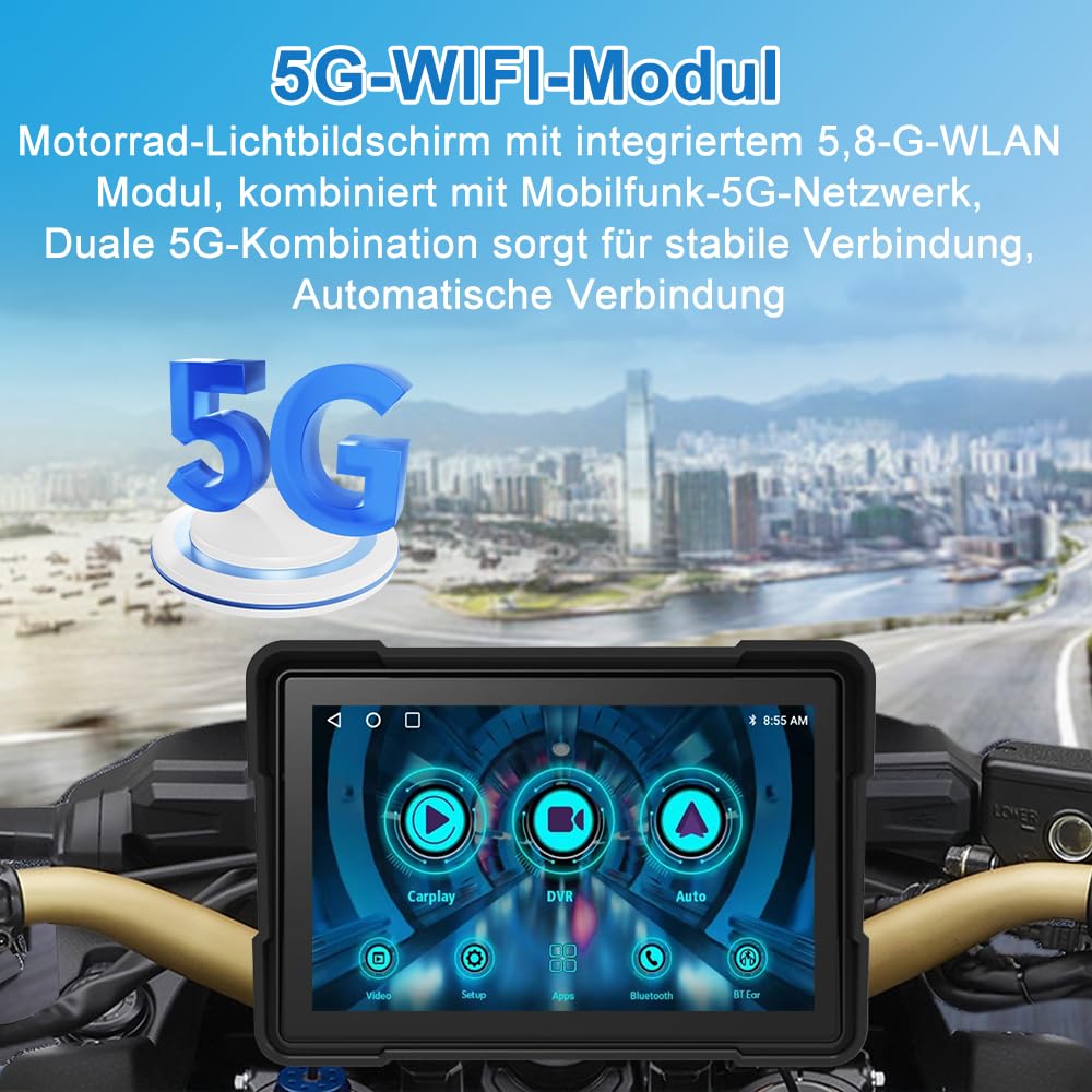 Motorrad Navi Navigationsgeräte Wireless CarPlay Android Auto Portable Motorräder mit Front und Rückansicht Recorder, 5 Zoll Touchscreen wasserdicht GPS Navigation für Motorrad mit 64GB TF-Karte