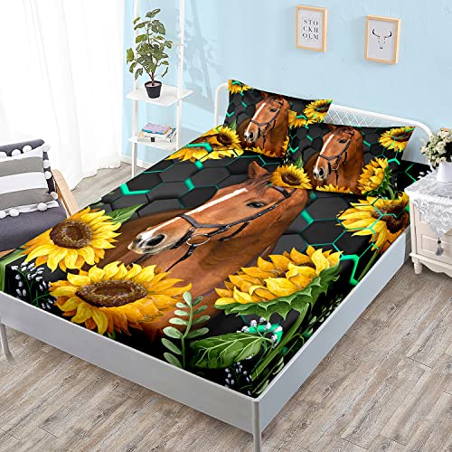 HOSIMA Horse Fitted Sheet,Sunflower and Horse Bedding,Green Leaves Flowers Animal Pattern,Soft Decorative Fabric Bedding All-Round Elastic Pocket,Full Size Fitted Sheet for Boys and Girls.