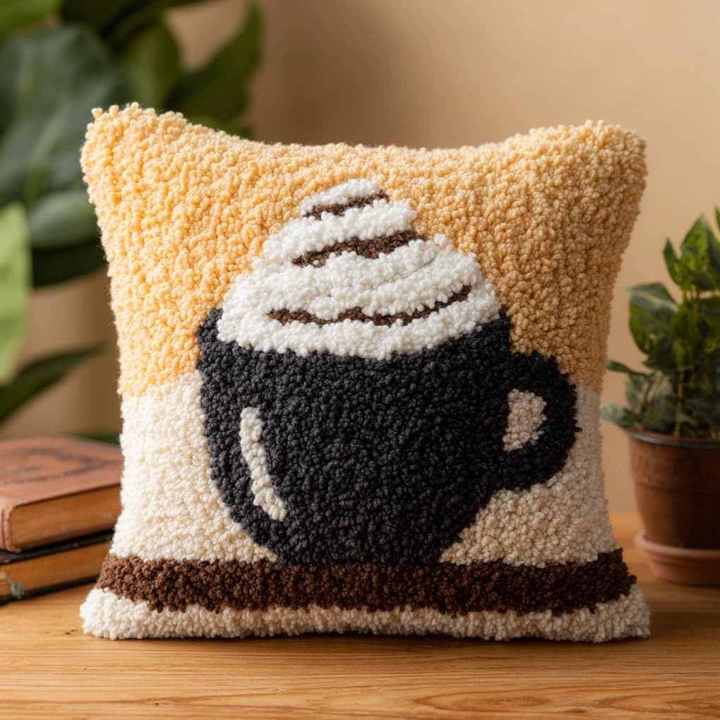 WallustrioaW Latch Hook Pillow Kits Pillow Cover,Cartoon Coffee Cup