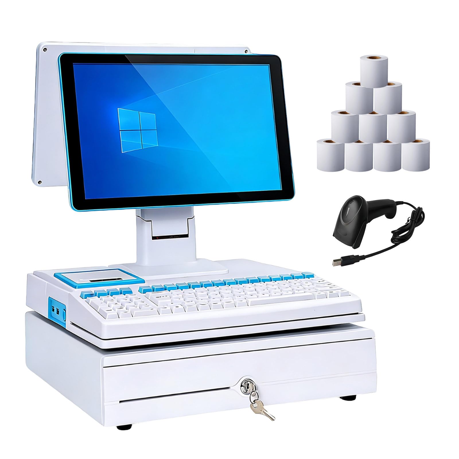 Tpv Inteligente – Sis-tema Todo En Uno Para Comercios,Pantalla Simple/Doble,Intel Core I5,8 + 128 GB,Incluye Teclado, Impresora 58 Mm,Cajón,Lector Códigos,10 Rollos Papel Térmico White-DualScreen