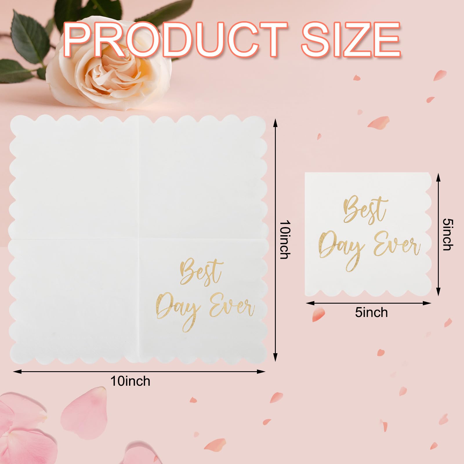Lincia 100 Pcs Best Day Ever Wedding Cocktail Napkins White and Gold Scalloped Dessert Napkins for Party Bridal Shower Reception Decorations Birthday Supplies, 5 x 5 Inch, 2 Ply