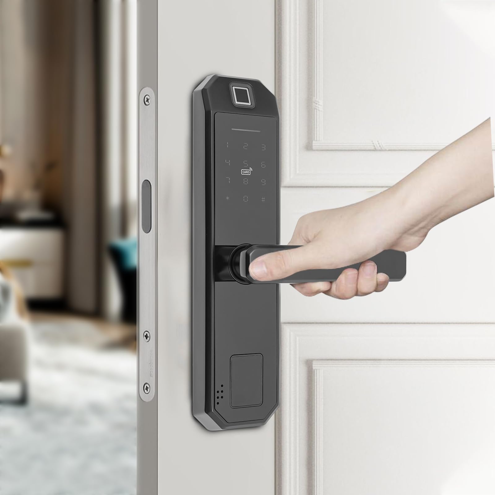 Empreinte digitale électronique, serrure de porte Smartes avec poignée libre et plusieurs méthodes de déverrouillage pour une épaisseur de portes en bois de 35 à 50 mm, portes intérieures