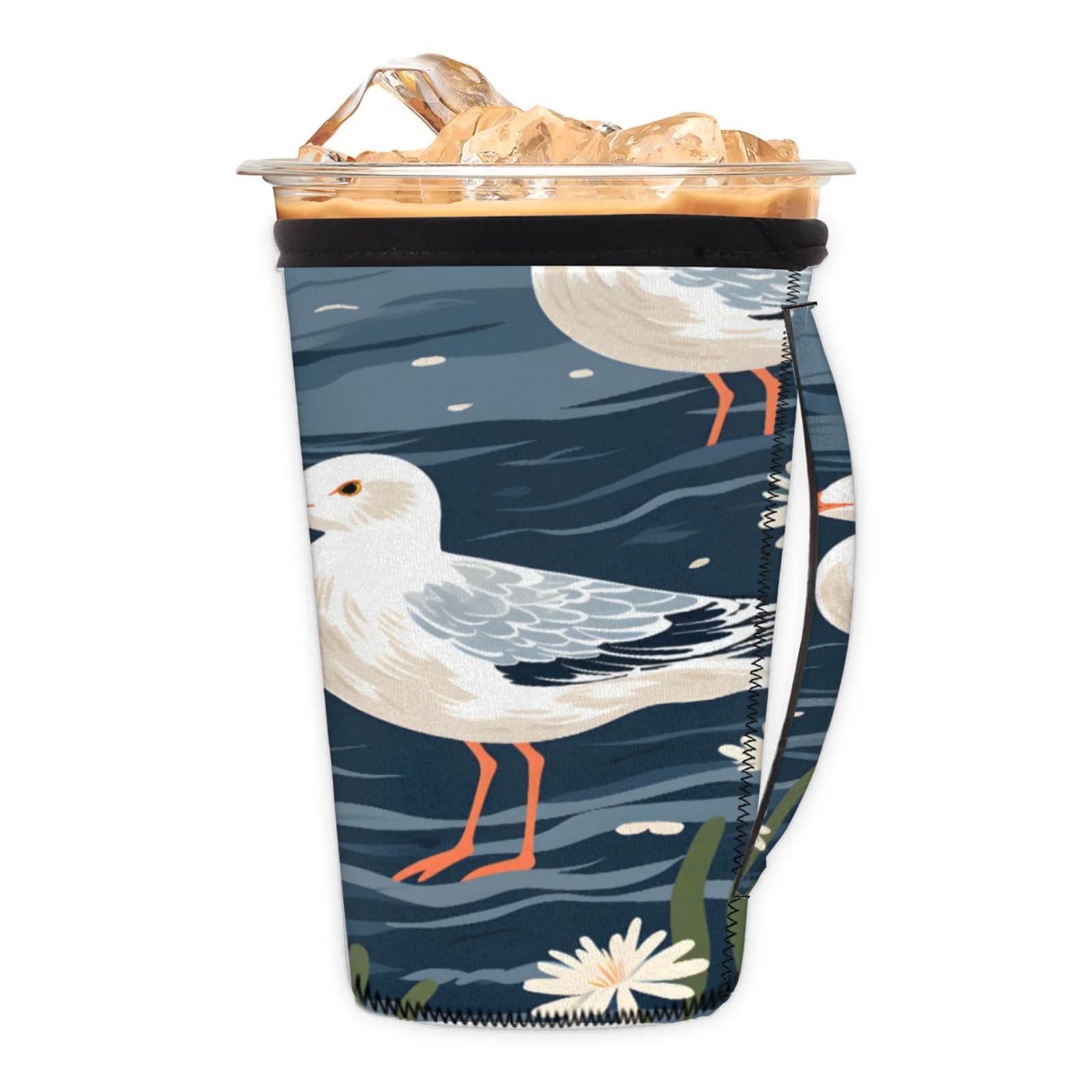 Watercolor Seagull Flower Reusable Neoprene Coffee Sleeve with Handle Insulated Iced Coffee Cup Holder Reduces Condensation Fits 24-28 oz Cups M