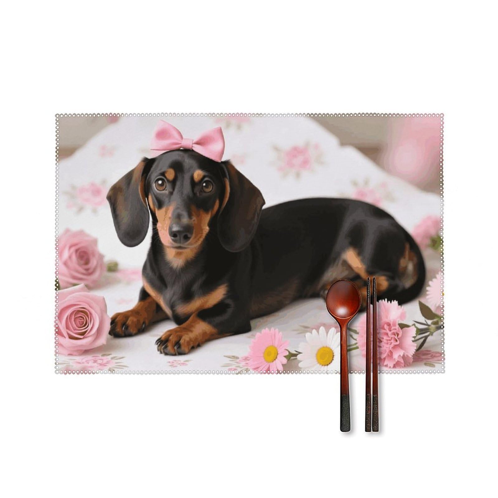 Dachshund Sausage Dogs Pink Flowers Print Placemats Set of 6, 12x18 Inch Heat Resistant Washable Canvas Table Mats, Stain Resistant Decorative Dining Placemats for Kitchen, Restaurant, Outdoor Party
