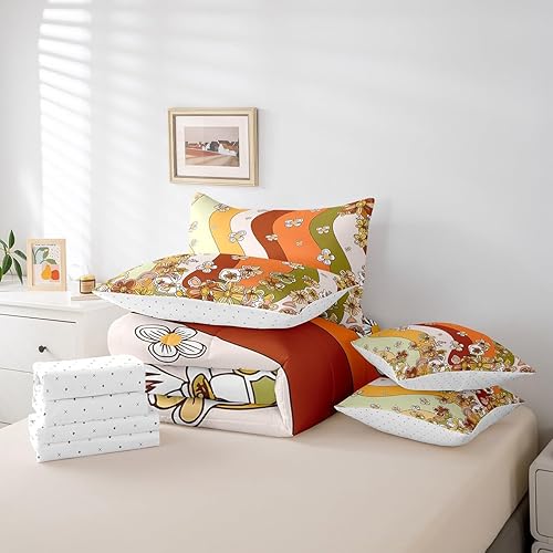 Miniatura 6 de Feelyou Juego de edredón bohemio vintage de 7 piezas para niñas, diseño retro hippie de flores en una bolsa, juego de ropa de cama con edredón,