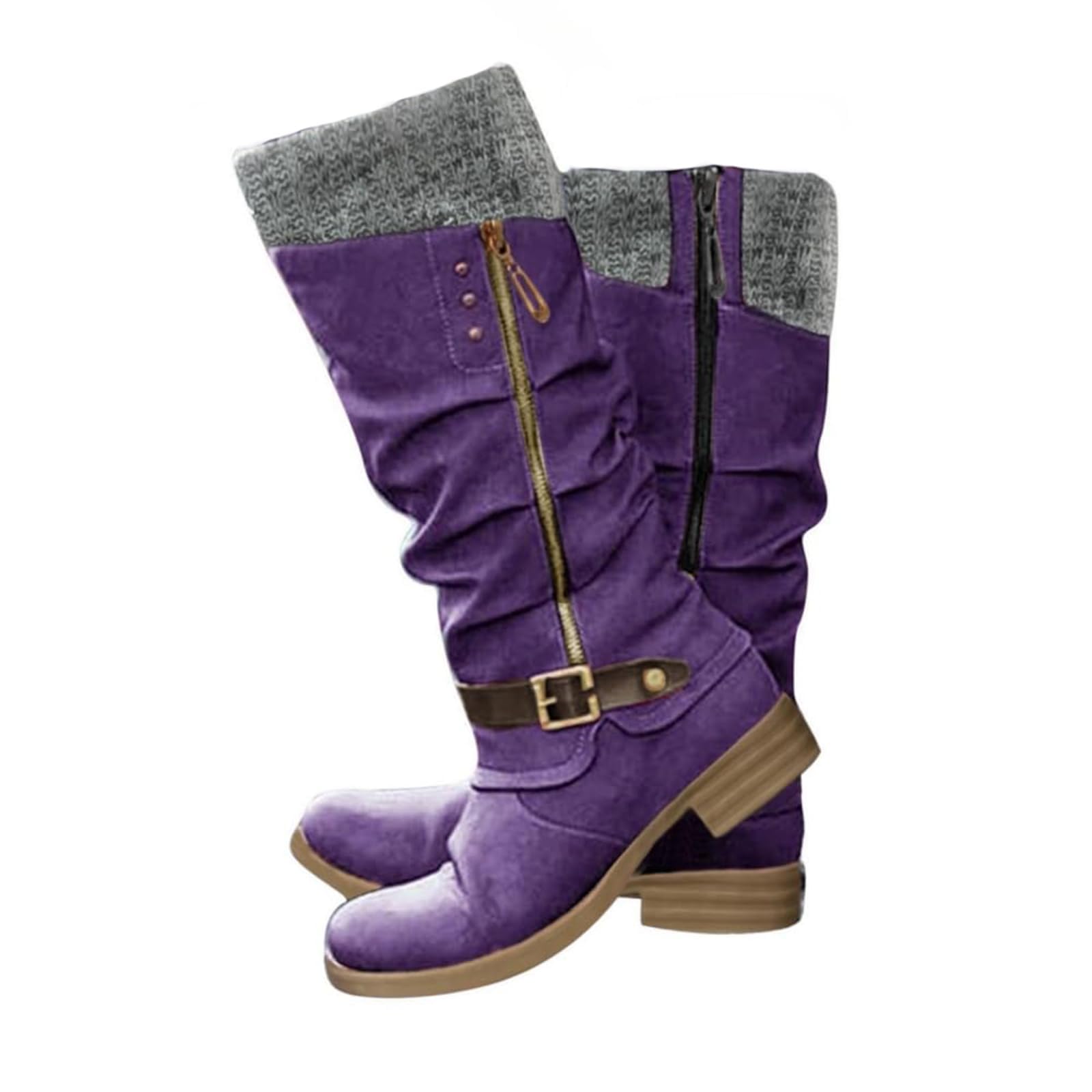 Knee High Boots for Women Mid Calf Snow Boots Fashion Side Zipper Vintage Winter Booties Low Heel Motorcycle