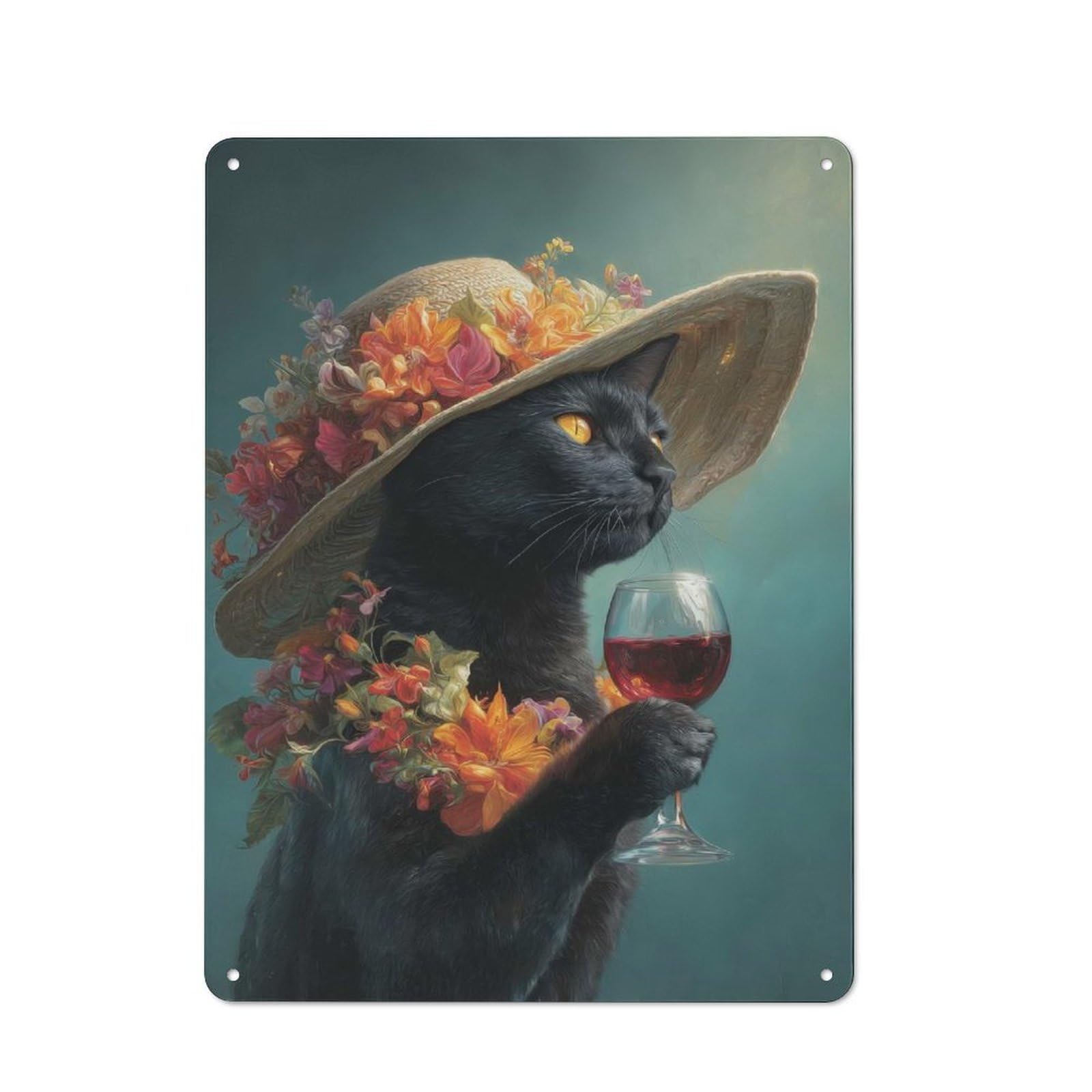 Junmoney Style-5 For Garden Room Or Summerhouse, Elegant Black Cat With Wine Retro Metal Sign 40X30cm, For Vintage Wall Decor Fans, For Metal Sign Collectors