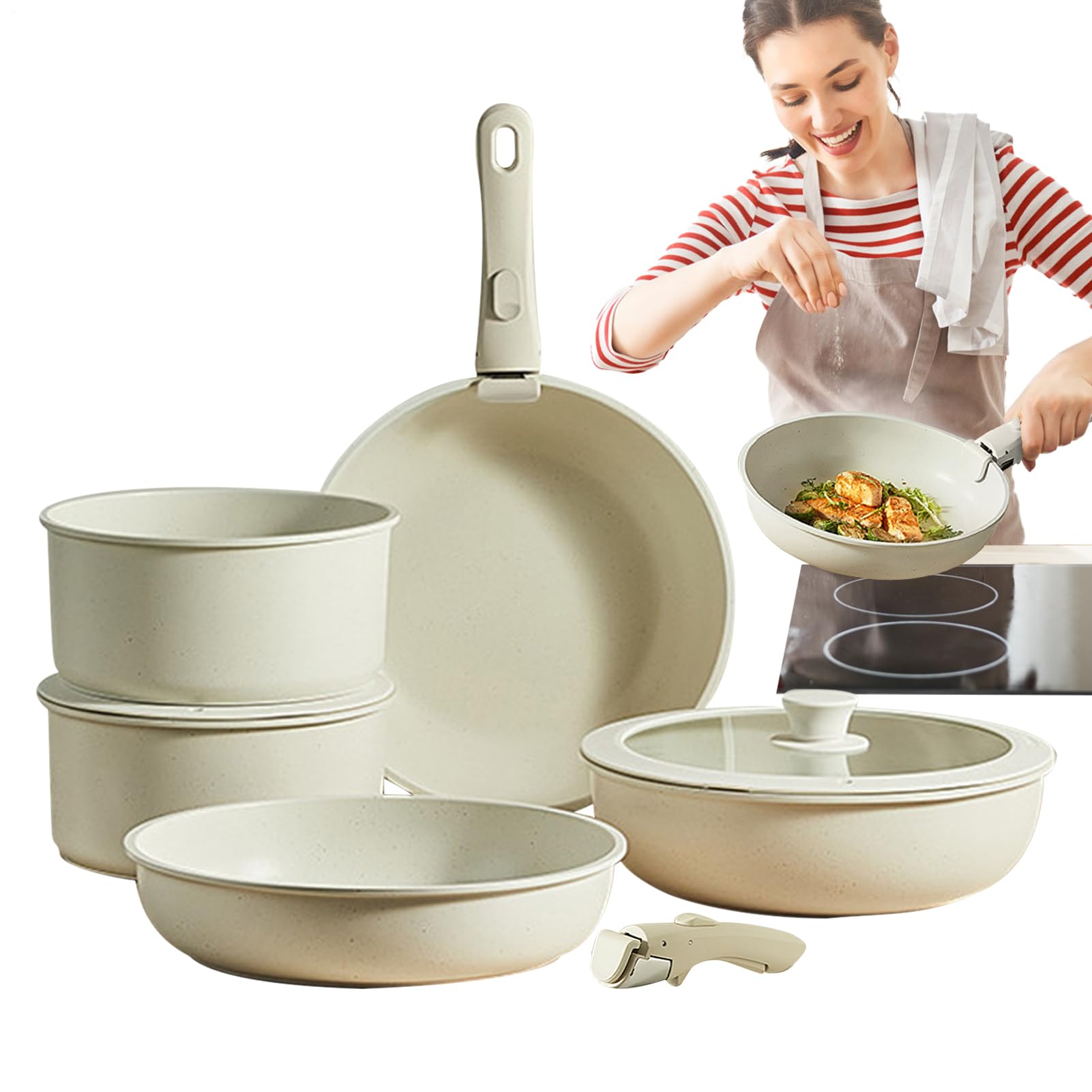Ensemble d'ustensiles de cuisine antiadhésif blanc crème composé de casseroles et poêles