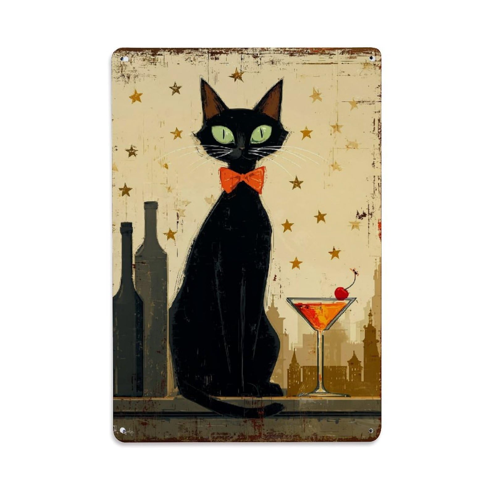 Black Cat With Cocktail And Stars Retro Metal Tin Sign, Vintage Decor Art Poster for Bar, Home, Man Cave, Kitchen, Laundry Room Gift 8x12Inch