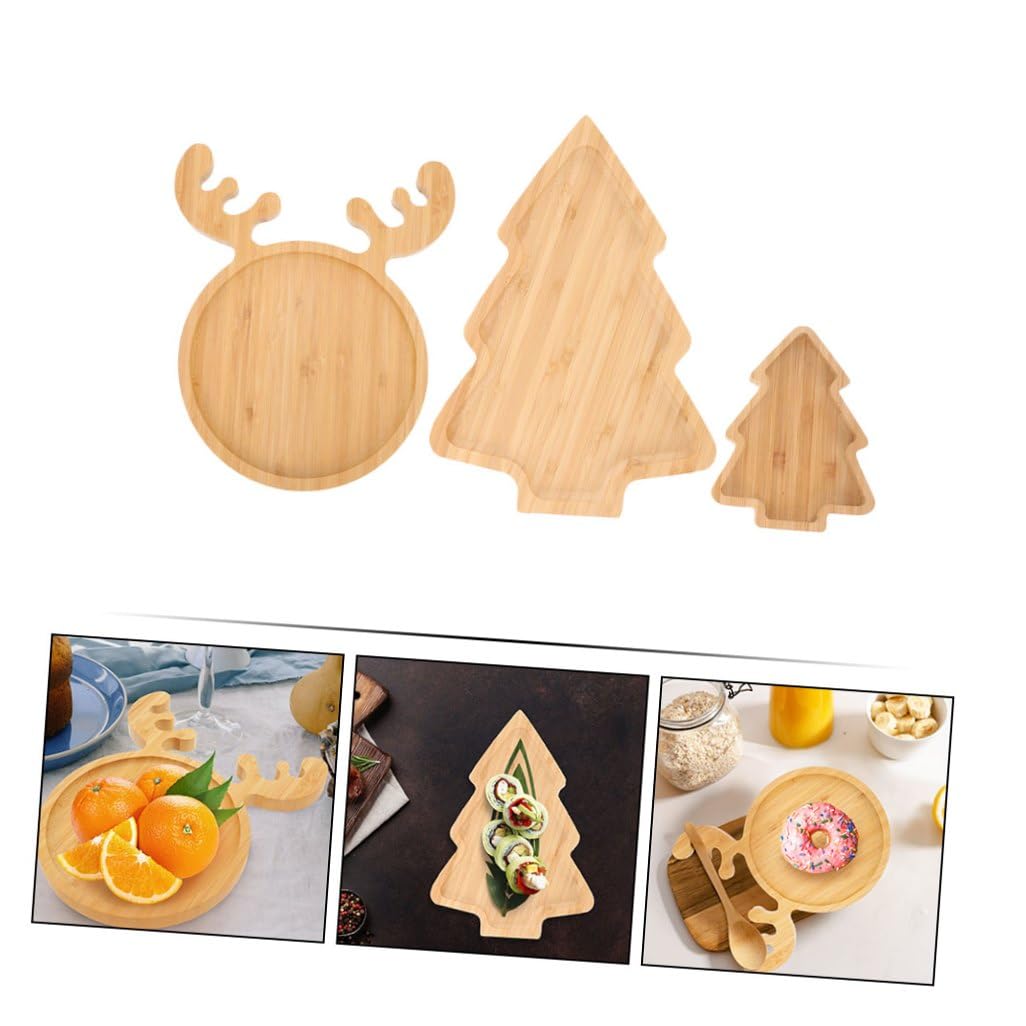 Bandeja de Postres de Madera Forma de Ciervo y Árbol de Navidad, Paquete de 3 Piezas Gran Capacidad para Restaurantes y Banquetes, sin Rebabas y Efecto Decorativo