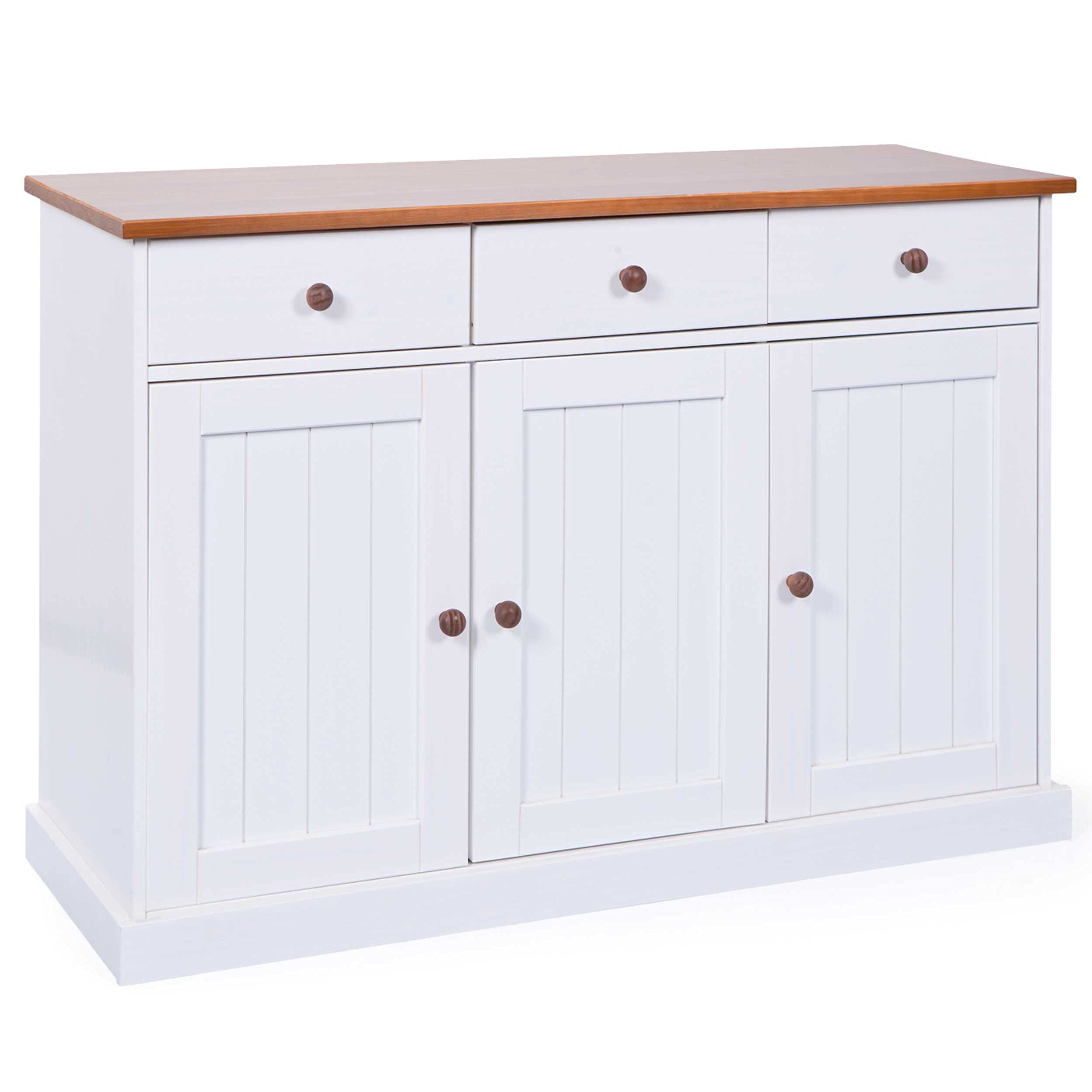 Inter Link – Kommode – Buffet – Sideboard – Kiefer massivholz – 3 Türen – 3 Schubladen – Landhausstil – Für Esszimmer – Wohnzimmer – Eingang – Westerland 4.2 - Weiß / Sepia Braun