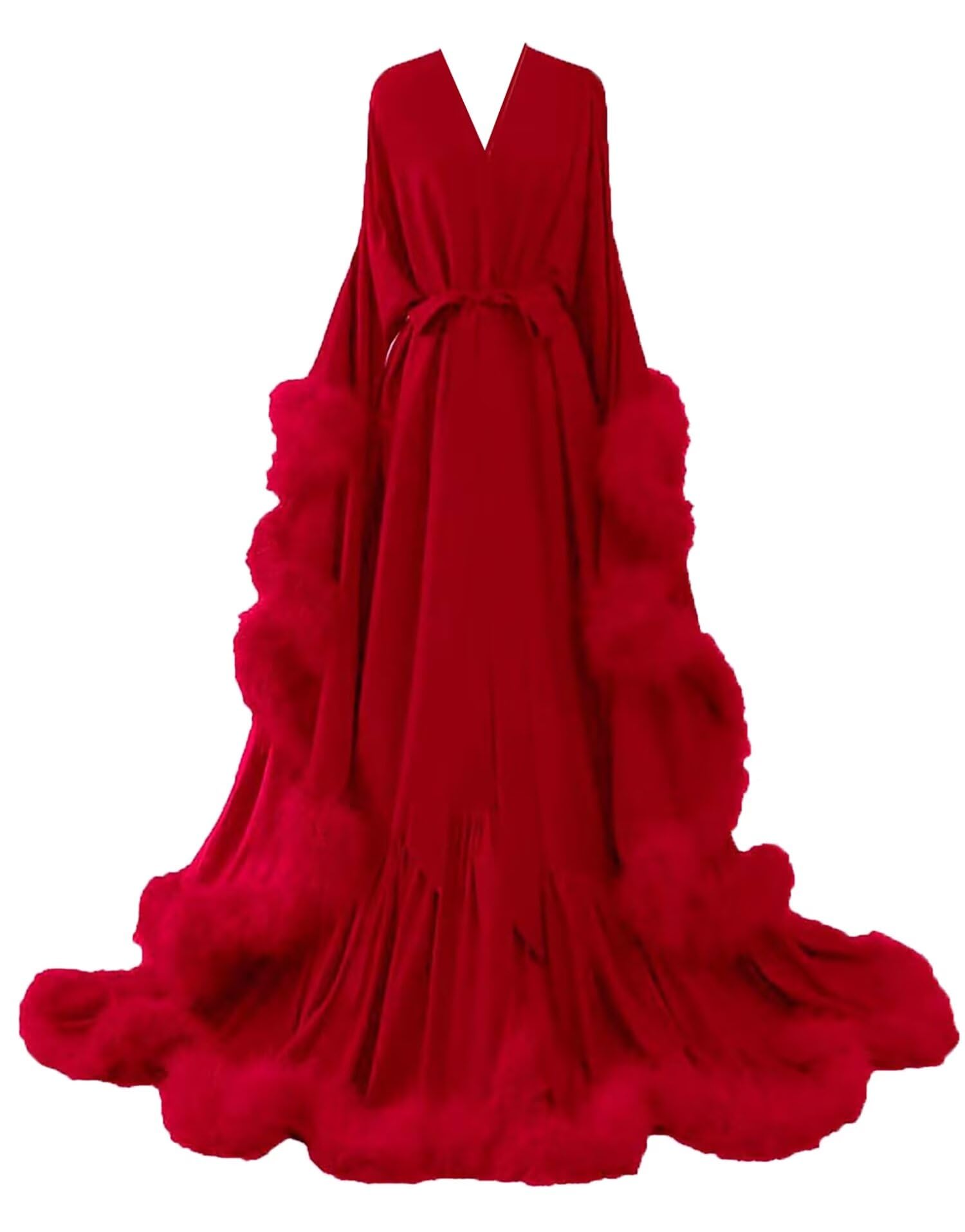 yinyyinhs Womens Sexy Feather Bridal Robes Silk Satin Long Nightgown Bathrobe Sleepwear Maternity Robe for Photoshoot