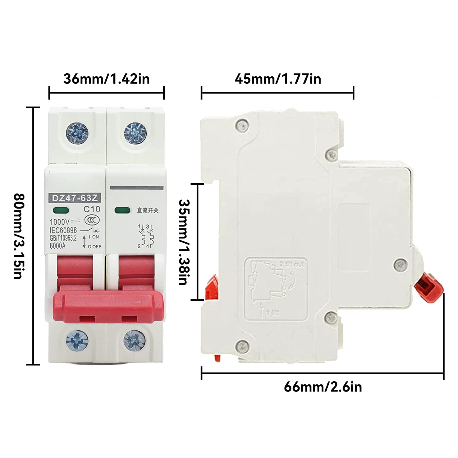 4 Pièces Disjoncteur Miniature 1000V DC 2P 10A Din Rail Mount